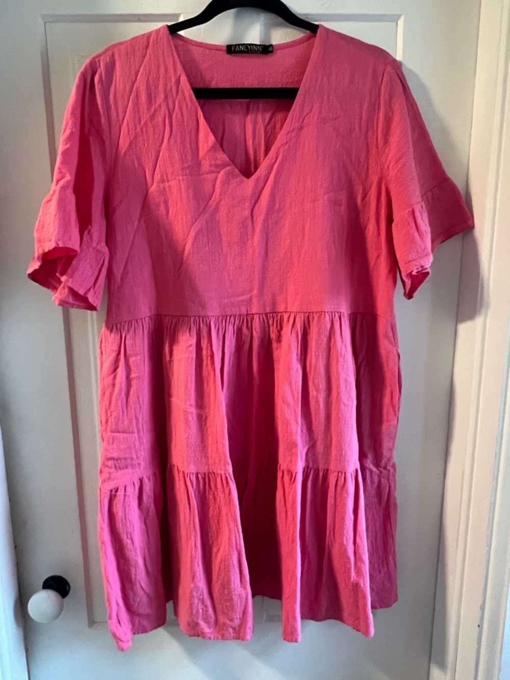 Fancyinn Pink V-Neck Tiered Women's Babydoll Dress